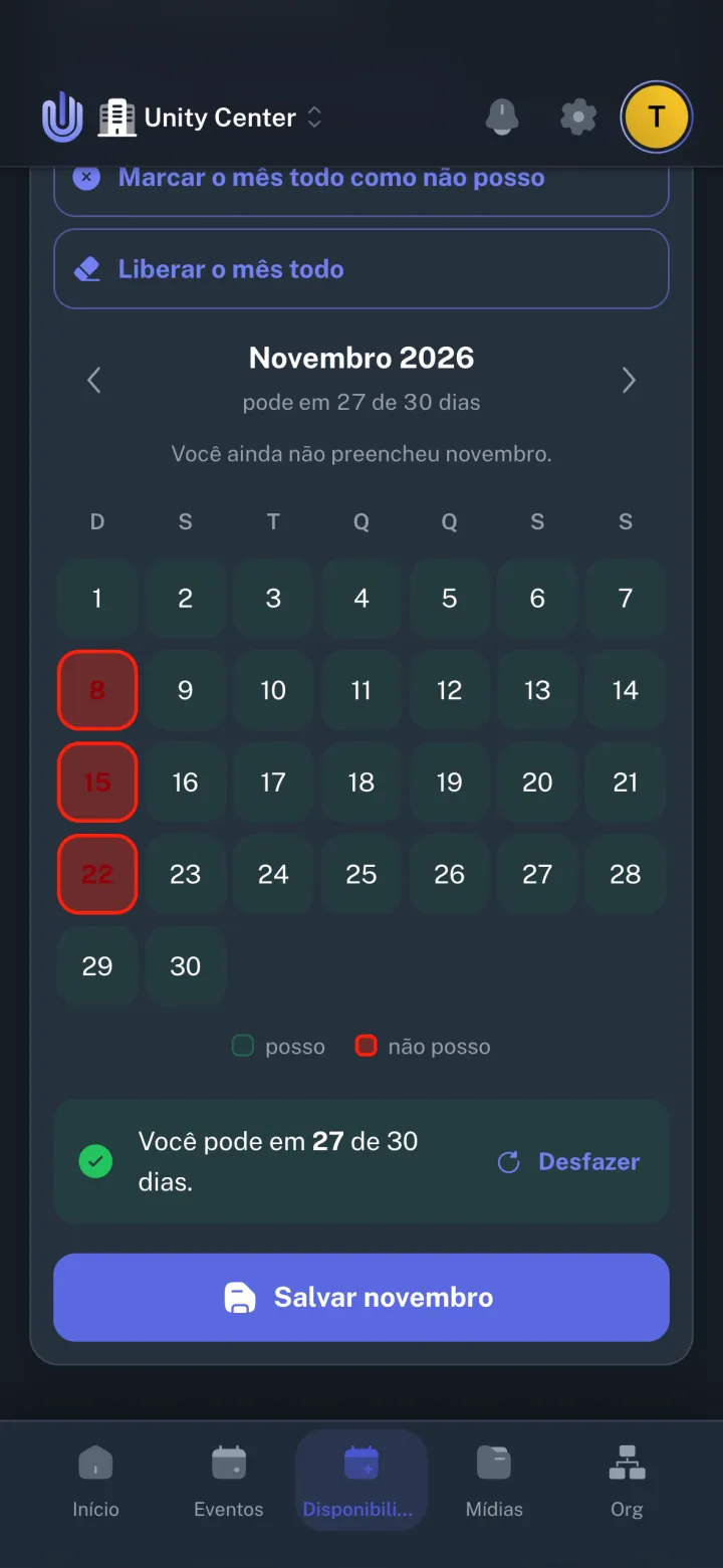 Agenda do mês no app, com os dias em que o voluntário não pode servir marcados em vermelho