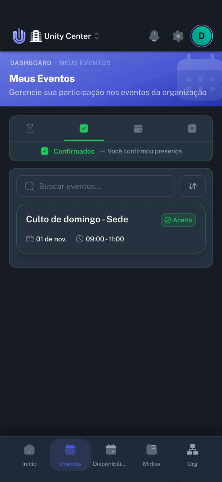 Meus Eventos no app: o culto em que o voluntário confirmou presença, com o dia e o horário
