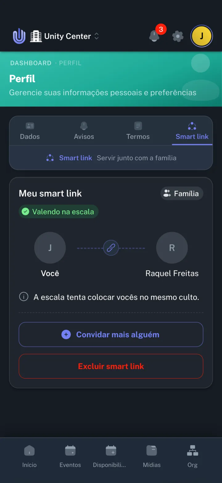 Tela do Smart Link mostrando duas pessoas da mesma família ligadas para servirem juntas no mesmo culto