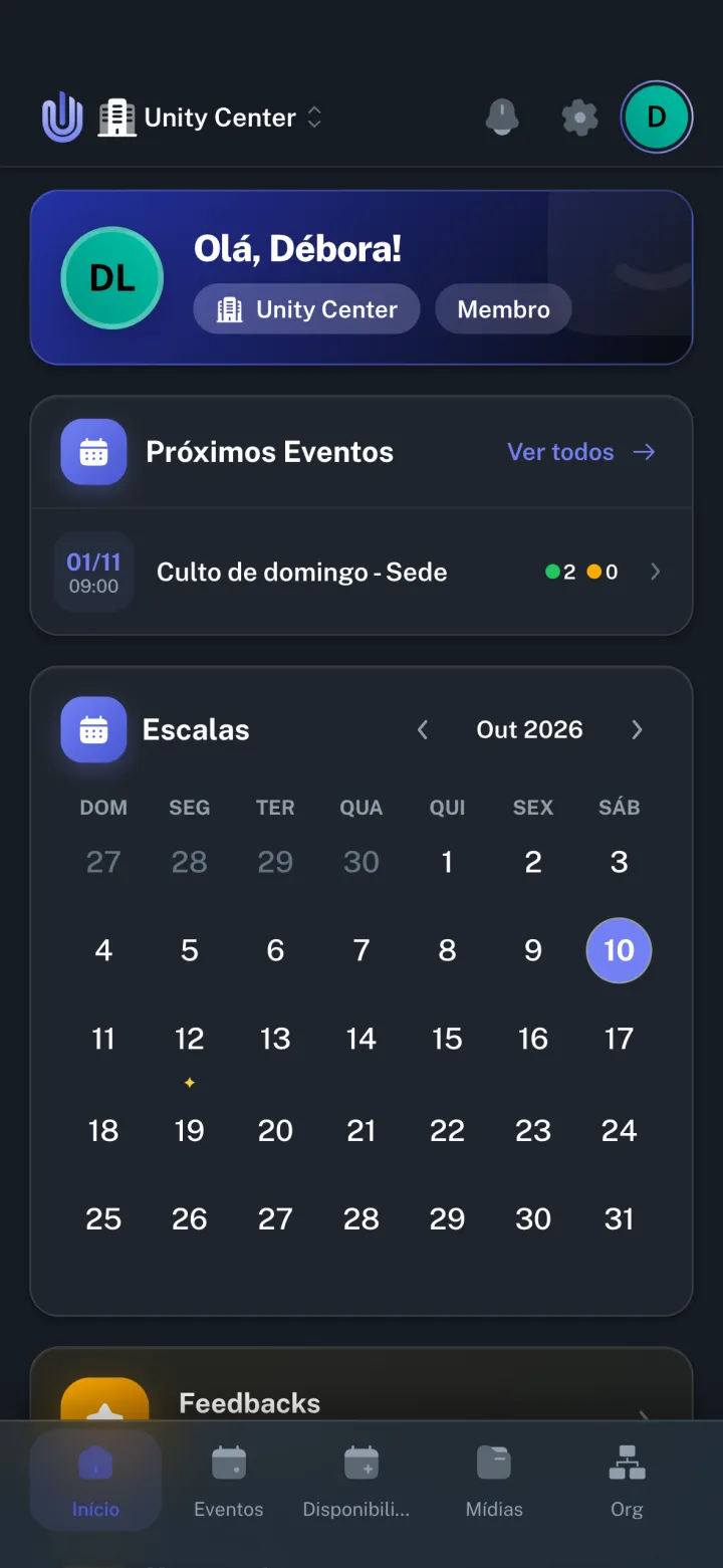Tela inicial do app com saudação, o próximo culto escalado e o calendário de escalas do mês