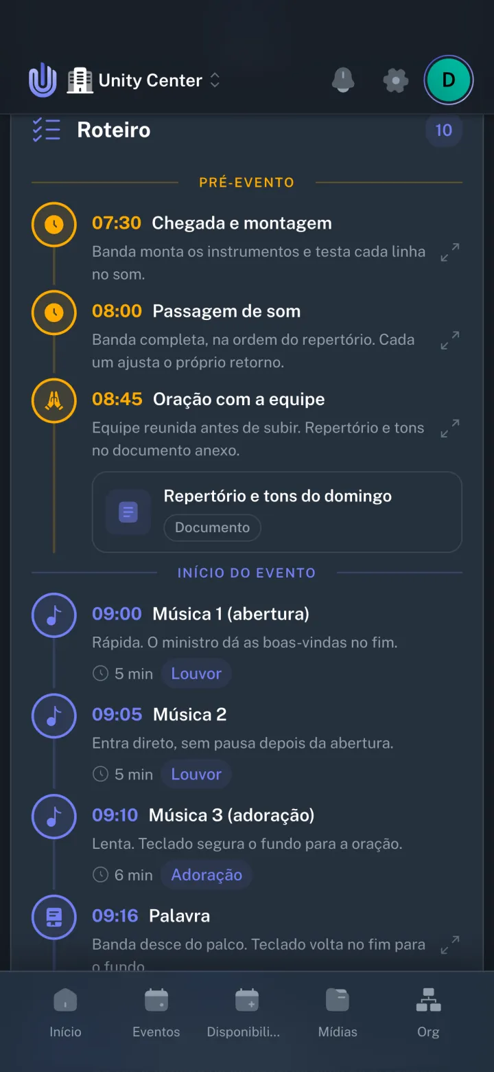 Roteiro do culto no app: as pré-etapas com horário, o documento anexo e as músicas na ordem