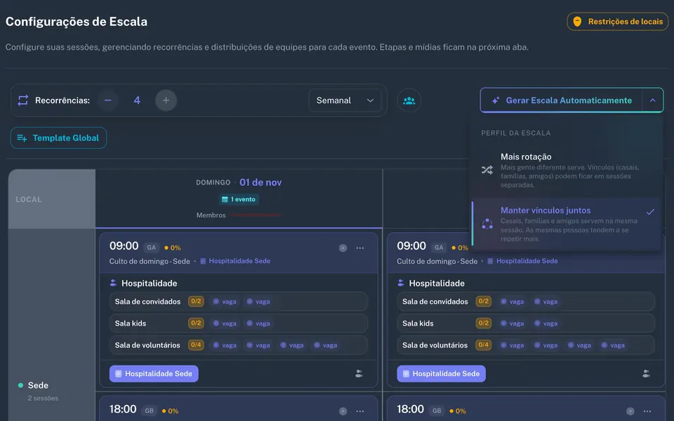 Antes de gerar a escala, o líder escolhe o perfil: mais rotação ou manter juntas as pessoas ligadas pelo Smart Link